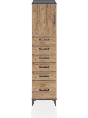 Hyperion Dolap Tek Raflı 6 Çekmeceli Tek Kapaklı 44X44X182 Antrasit-Çam