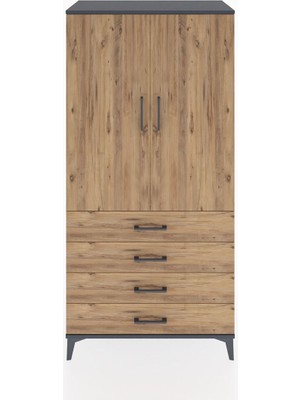 Hyperion Dolap 2 Raflı 4 Çekmeceli 2 Kapaklı 88X44X182 Antrasit-Çam
