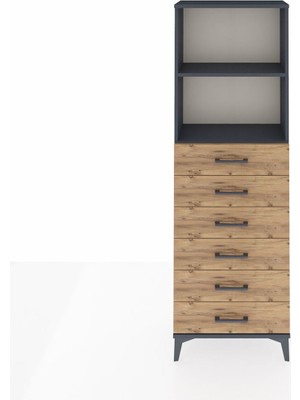 Arges Dolap 2 Raflı 6 Çekmeceli 60X30X182 Antrasit-Çam