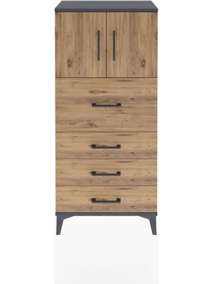 Arges Dolap Tek Raflı 4 Çekmeceli 2 Kapaklı 60X30X134 Antrasit-Çam