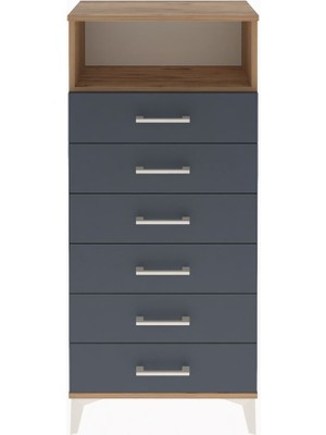 Arges Dolap Tek Raflı 6 Çekmeceli 60X30X134 Çam-Antrasit