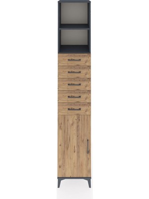 Hyperion Dolap 3 Raflı 5 Çekmeceli Tek Kapaklı 44X44X243 Antrasit-Çam