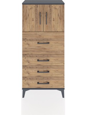 Hyperion Dolap Tek Raflı 4 Çekmeceli 2 Kapaklı 60X44X134 Antrasit-Çam