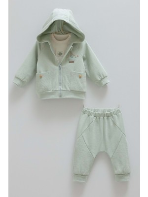 Color World Kapüşonlu Fermuarlı Üçlü Alt Üst Takım - Caramell  - TKE1987 - Yeşil - 9 - 12 Ay - TKE1987-YEŞIL-9 - 12 Ay Yeşil