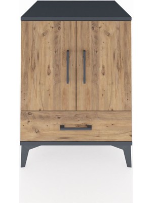 Kronos Komodin 2 Raflı Tek Çekmeceli 2 Kapaklı 60X59X80 Antrasit-Çam