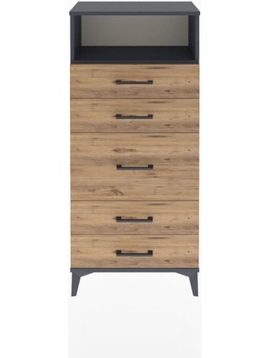 Arges Dolap Tek Raflı 5 Çekmeceli 60X30X134 Antrasit-Çam