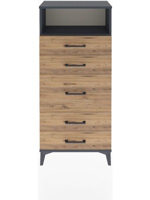 Arges Dolap Tek Raflı 5 Çekmeceli 60X30X134 Antrasit-Çam