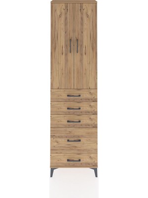 Arges Dolap 3 Raflı 5 Çekmeceli 2 Kapaklı 60X30X221 Çam-Çam