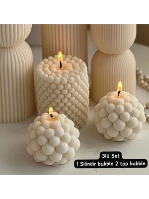 2 Top 1silindir 3lü Bubble Dekoratif Kokulu Mum Seti - Pearly Candle - Inci Mum Soya Wax Vegan Mum