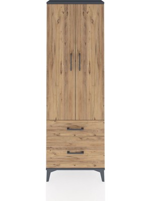 Arges Dolap 4 Raflı 2 Çekmeceli 2 Kapaklı 60X30X182 Antrasit-Çam