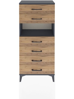 Arges Dolap Tek Raflı 6 Çekmeceli 60X30X134 Antrasit-Çam