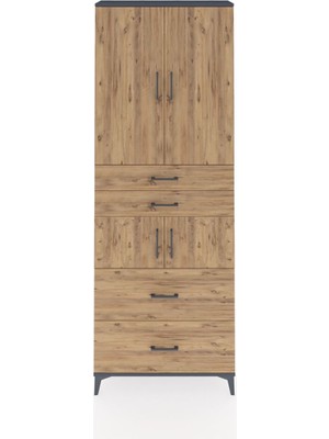 Arges Dolap 4 Raflı 4 Çekmeceli 4 Kapaklı 88X30X243 Antrasit-Çam