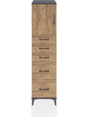 Hyperion Dolap Tek Raflı 5 Çekmeceli Tek Kapaklı 44X44X182 Antrasit-Çam