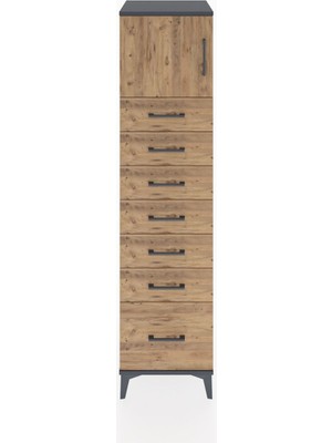 Hyperion Dolap Tek Raflı 7 Çekmeceli Tek Kapaklı 44X44X182 Antrasit-Çam