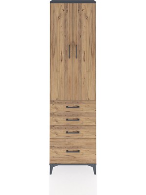 Arges Dolap 2 Raflı 4 Çekmeceli Tek Askılı 60X30X221 Antrasit-Çam