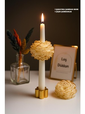 1 Adet Gold Geçişli Şakayıklı Şamdan Mumu ve Şamdanlık Dahil Set