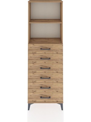Arges Dolap 2 Raflı 6 Çekmeceli 60X30X182 Çam-Çam