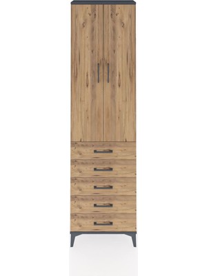 Arges Dolap 3 Raflı 5 Çekmeceli 2 Kapaklı 60X30X221 Antrasit-Çam