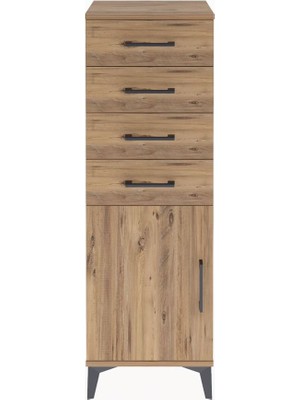 Arges Dolap Tek Raflı 4 Çekmeceli Tek Kapaklı 44X30X134 Çam-Çam
