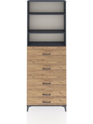 Arges Dolap 3 Raflı 5 Çekmeceli 88X30X243 Antrasit-Çam