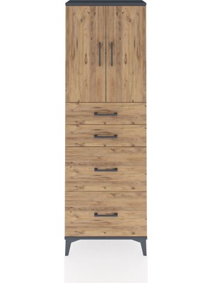 Arges Dolap 2 Raflı 4 Çekmeceli 2 Kapaklı 60X30X182 Antrasit-Çam