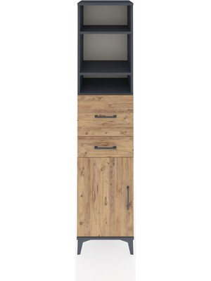 Hyperion Dolap 4 Raflı 2 Çekmeceli Tek Kapaklı 44X44X195 Antrasit-Çam