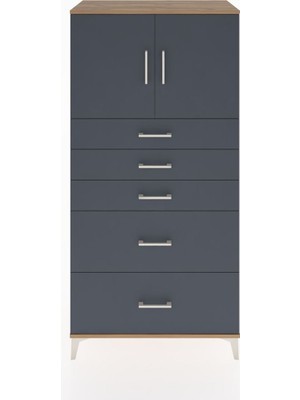 Hyperion Dolap Tek Raflı 5 Çekmeceli 2 Kapaklı 88X44X182 Çam-Antrasit