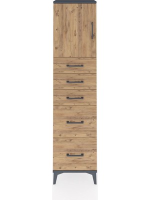 Arges Dolap Tek Raflı 5 Çekmeceli Tek Kapaklı 44X30X182 Antrasit-Çam