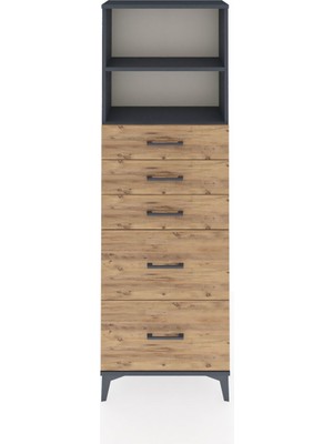Arges Dolap 2 Raflı 5 Çekmeceli 60X30X182 Antrasit-Çam