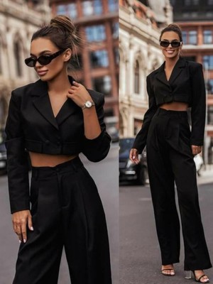 Siyah Crop Ceket Pantolon Takımı