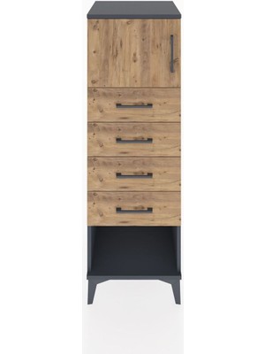 Hyperion Dolap Tek Raflı 4 Çekmeceli Tek Kapaklı 44X44X134 Antrasit-Çam