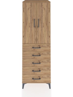 Kronos Dolap Tek Raflı 5 Çekmeceli Tek Askılı 60X59X182 Çam-Çam