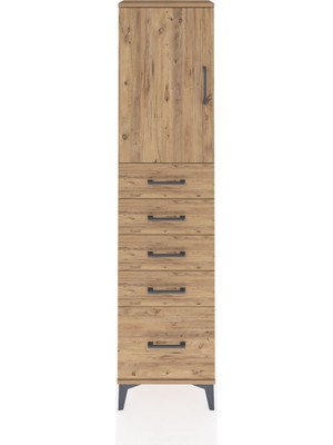 Arges Dolap Tek Raflı 5 Çekmeceli Tek Kapaklı 44X30X182 Çam-Çam
