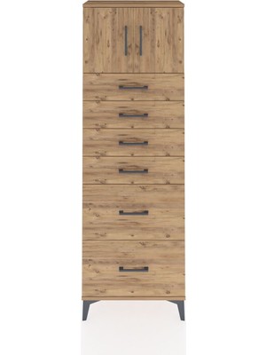 Arges Dolap Tek Raflı 6 Çekmeceli 2 Kapaklı 60X30X182 Çam-Çam