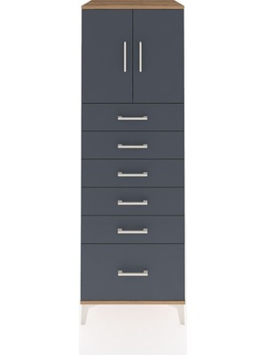 Kronos Dolap Tek Raflı 6 Çekmeceli 2 Kapaklı 60X59X182 Çam-Antrasit