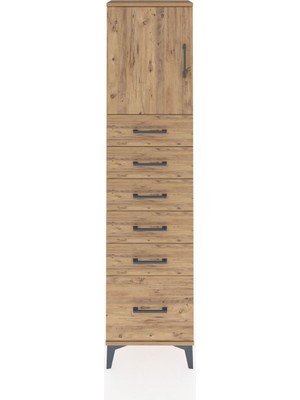 Arges Dolap Tek Raflı 6 Çekmeceli Tek Kapaklı 44X30X182 Çam-Çam