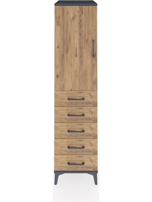 Kronos Dolap 2 Raflı 5 Çekmeceli Tek Kapaklı 44X59X182 Antrasit-Çam