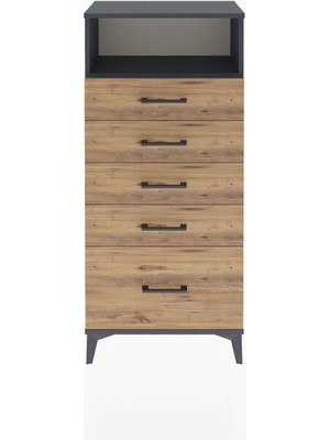 Arges Dolap Tek Raflı 5 Çekmeceli 60X30X134 Antrasit-Çam