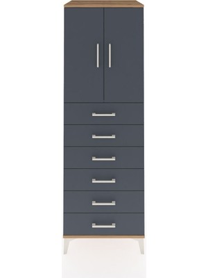 Kronos Dolap Tek Raflı 6 Çekmeceli 2 Kapaklı 60X59X182 Çam-Antrasit