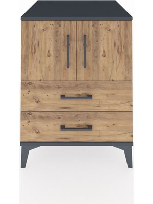 Kronos Komodin 2 Raflı 2 Çekmeceli 2 Kapaklı 60X59X80 Antrasit-Çam
