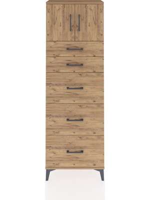 Arges Dolap Tek Raflı 5 Çekmeceli 2 Kapaklı 60X30X182 Çam-Çam