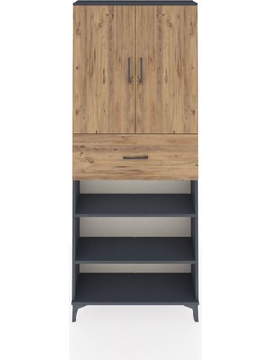Arges Dolap 5 Raflı Tek Çekmeceli 2 Kapaklı 88X30X221 Antrasit-Çam