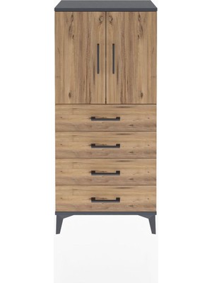 Arges Dolap 2 Raflı 4 Çekmeceli 2 Kapaklı 60X30X134 Antrasit-Çam