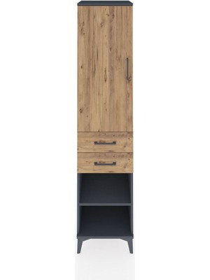 Hyperion Dolap 3 Raflı 2 Çekmeceli Tek Kapaklı 44X44X195 Antrasit-Çam