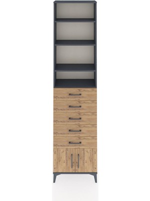 Arges Dolap 4 Raflı 5 Çekmeceli 2 Kapaklı 60X30X243 Antrasit-Çam