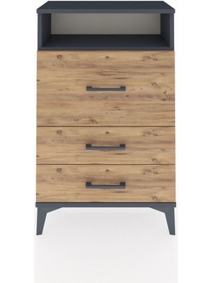 Arges Komodin Tek Raflı 3 Çekmeceli 60X30X96 Antrasit-Çam