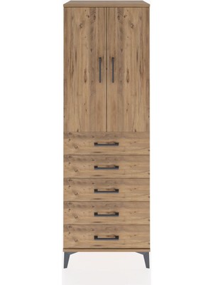 Hyperion Dolap 2 Raflı 5 Çekmeceli 2 Kapaklı 60X44X182 Çam-Çam