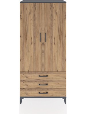 Hyperion Dolap 4 Raflı 3 Çekmeceli 2 Kapaklı 88X44X195 Antrasit-Çam