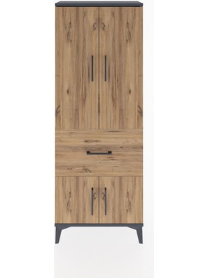 Arges Dolap 3 Raflı Tek Çekmeceli 4 Kapaklı 60X30X163 Antrasit-Çam