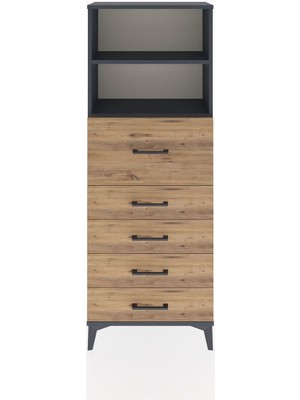 Arges Dolap 2 Raflı 5 Çekmeceli 60X30X163 Antrasit-Çam